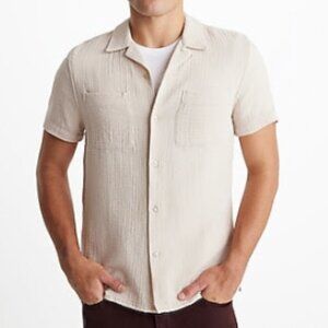 Express Mens Crinkle Textured Cotton Short Sleeve Shirt Light khaki Large